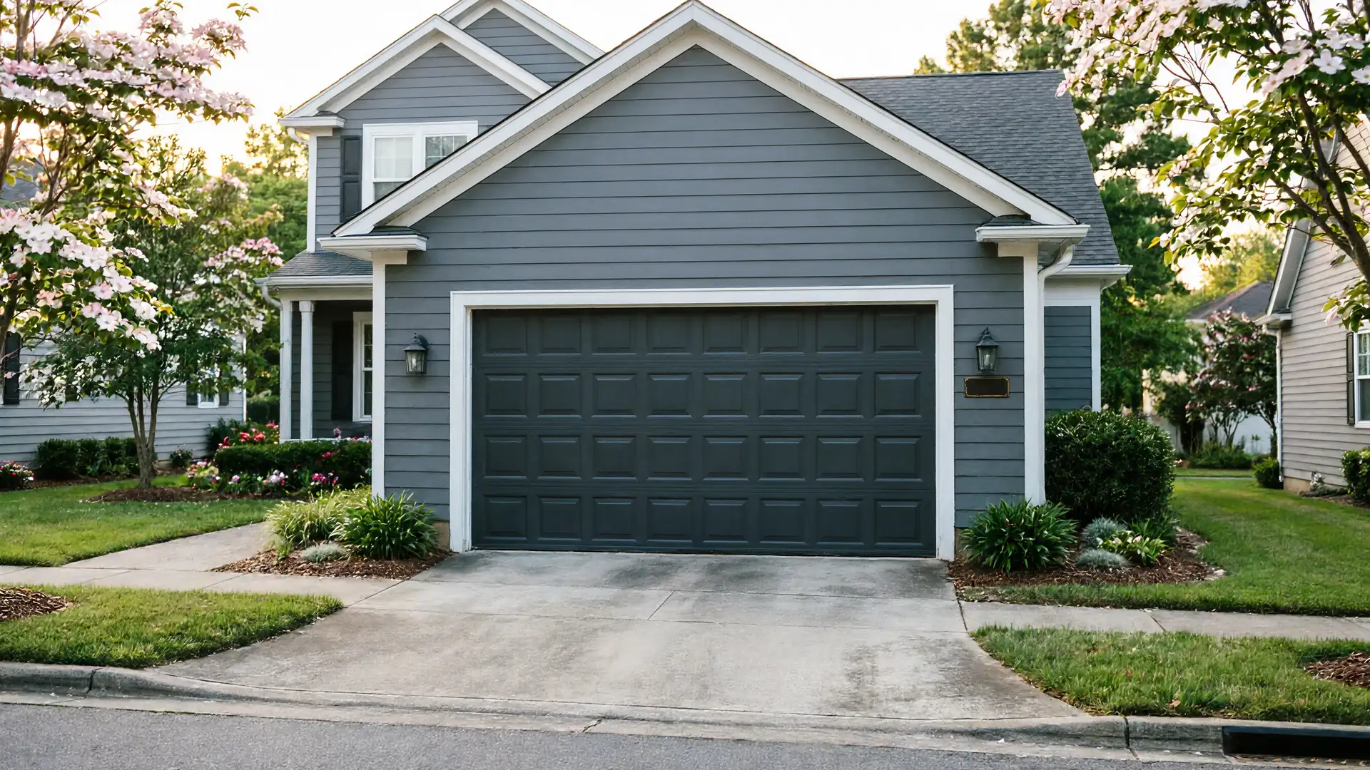 The gray house has a dark gray garage door with square panels.