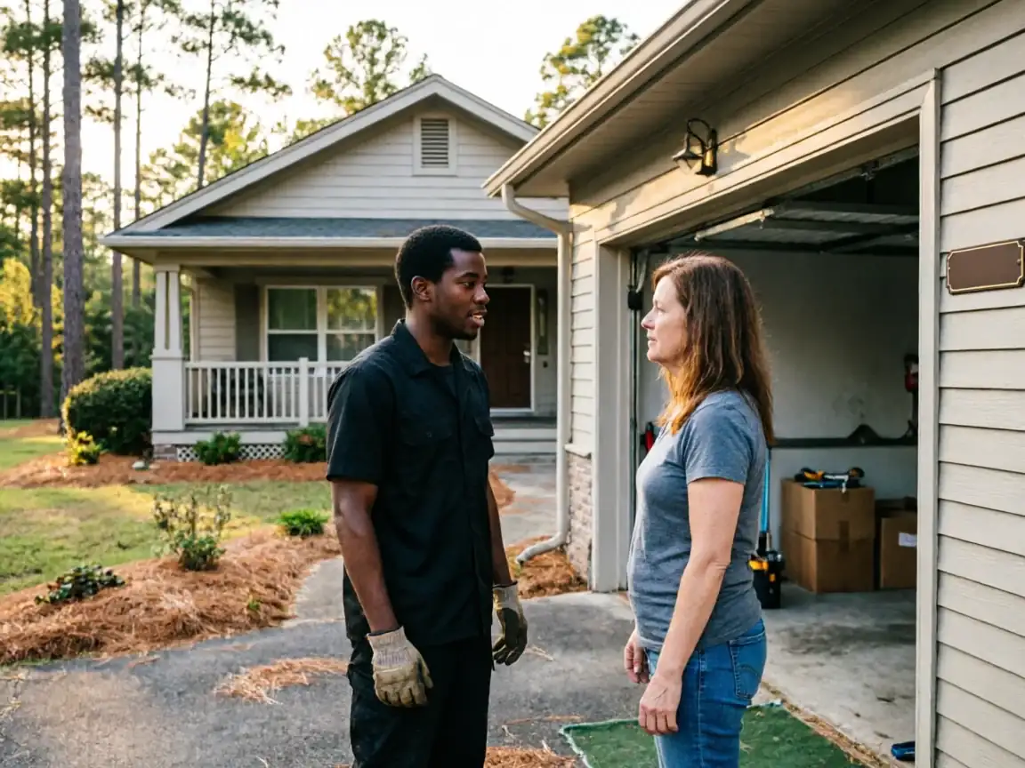 A technician and a woman stand talking in front of a house and garage.