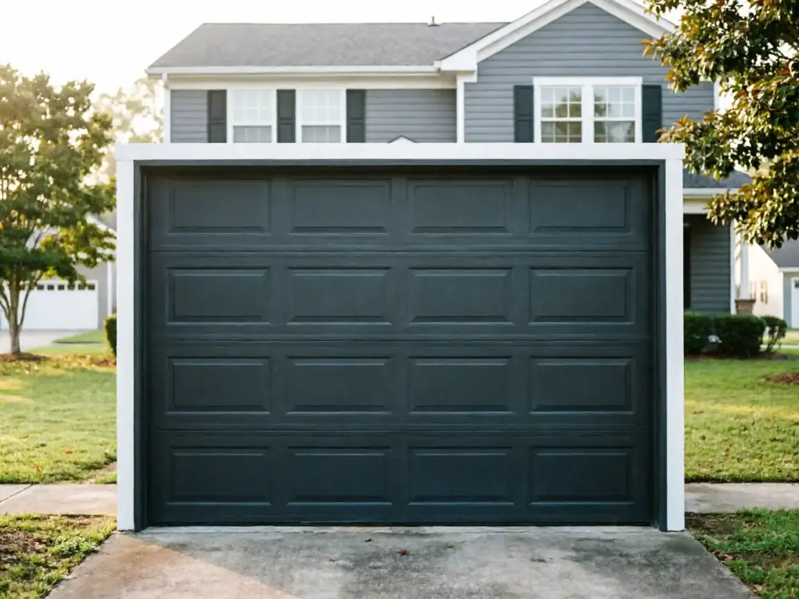 A dark gray garage door with white trim is closed on a house.