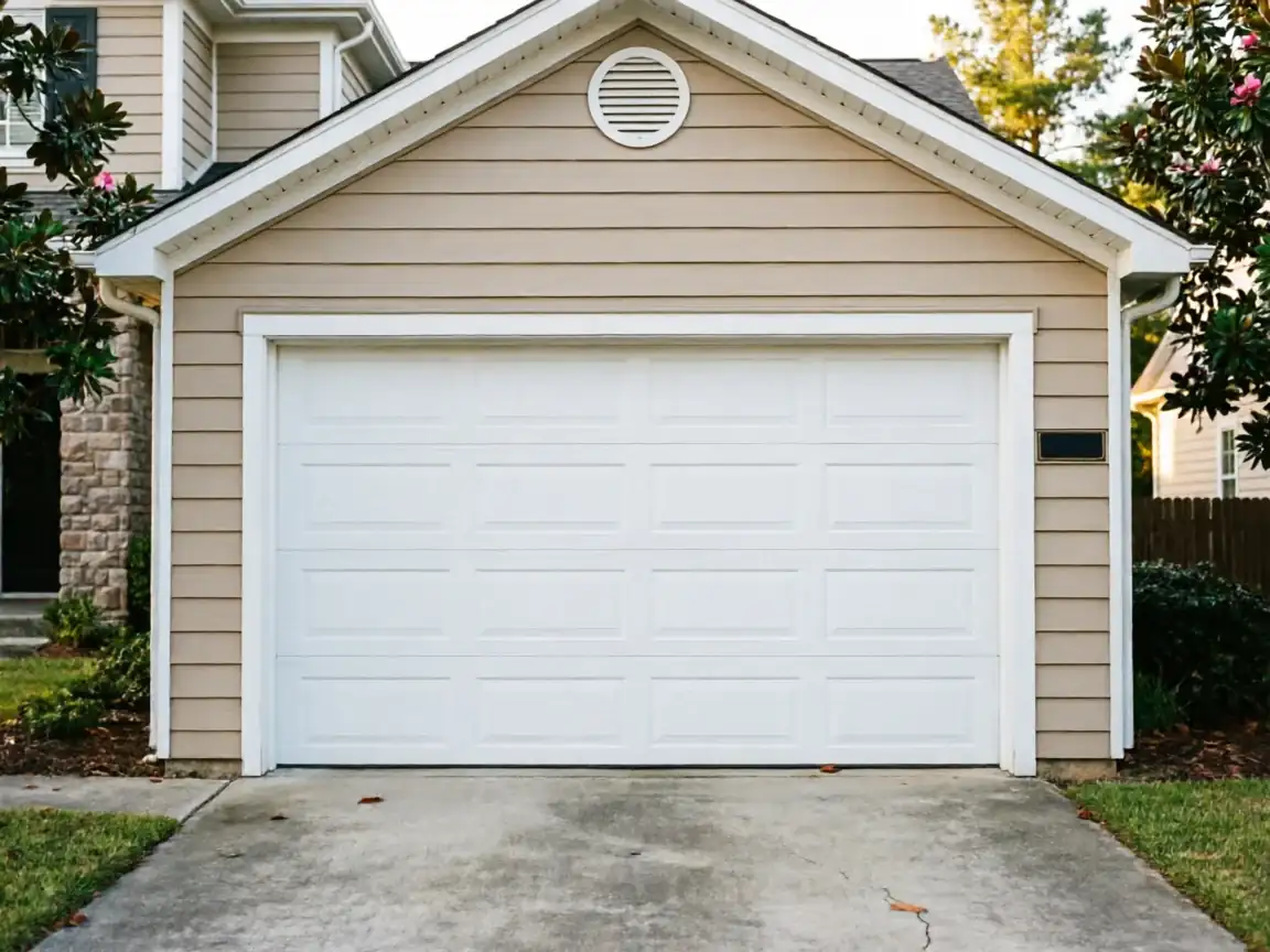 A white garage door on a tan house with a concrete driveway.
